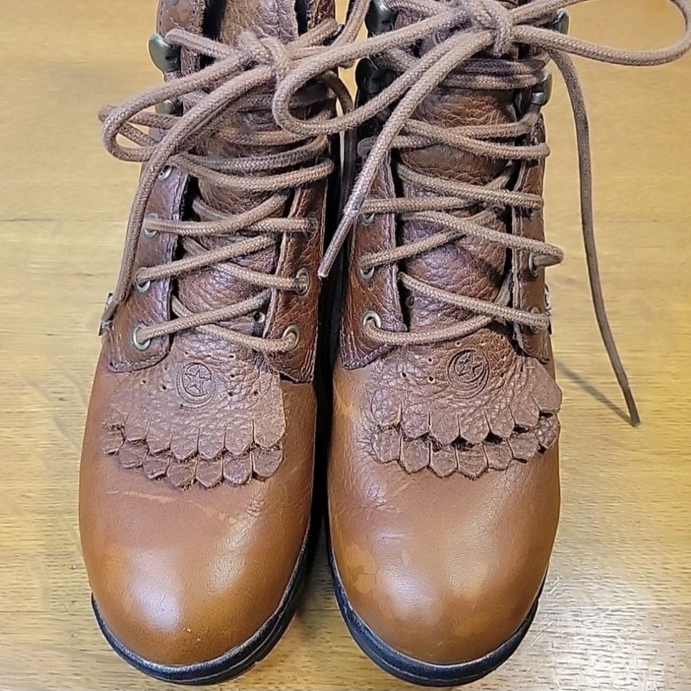 Justin Brown Leather Upper Lace Up Combat Moto Western Style Boots Sz 6B - Picture 11 of 15